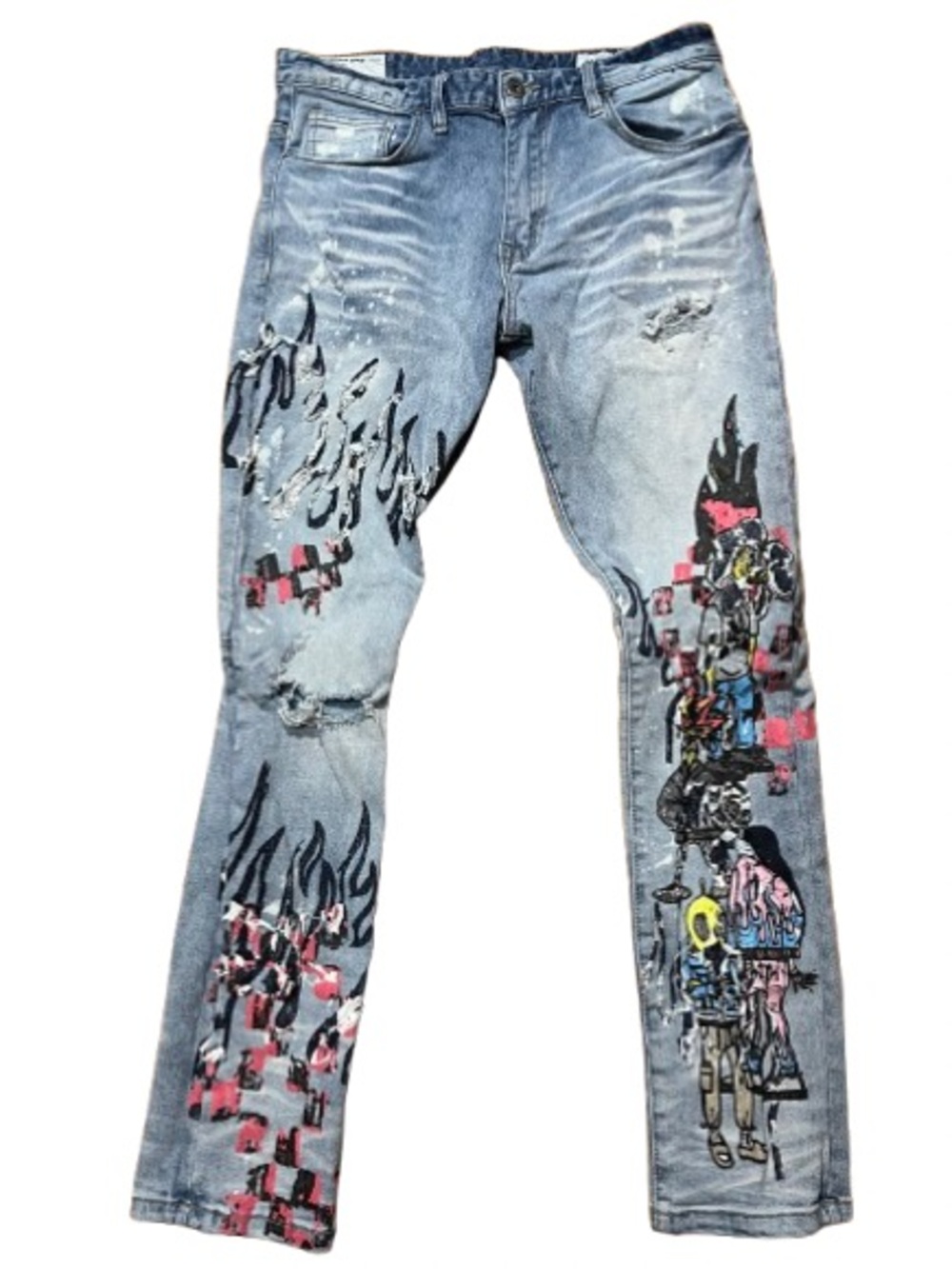 Smoke Rise Handcrafted Men's Denim Distressed Graphic Jeans Size 34